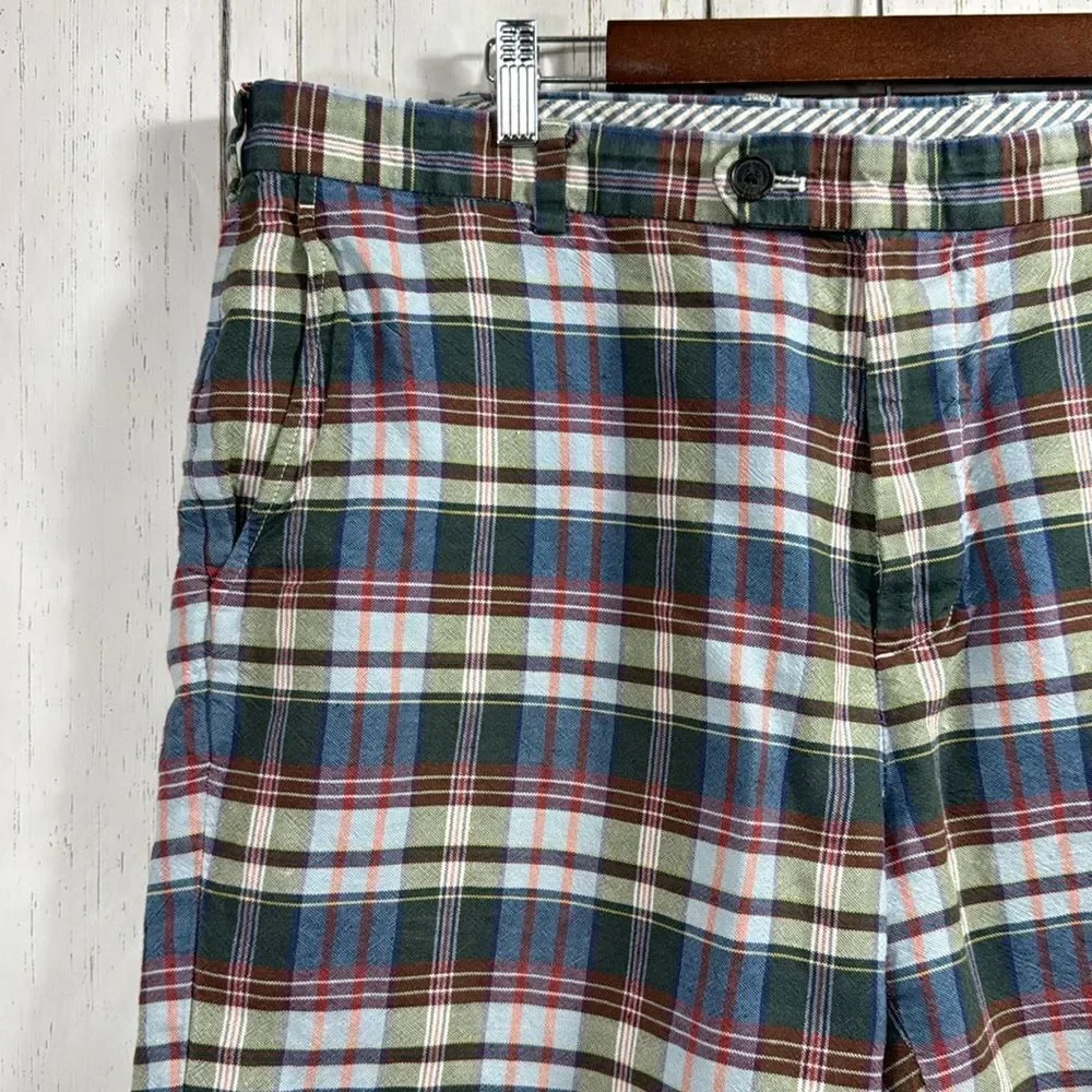 Brooks Brothers Mens Linen Blend Chino Flat Front Plaid Casual Pockets